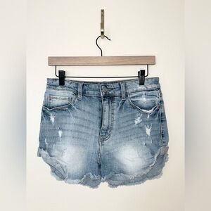 WILLOW & ROOT High Rise Shortie Raw Slightly Distressed Jean Shorts | Medium